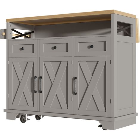 Isola da cucina grigia 118 x 43 x 98 cm con piano ribaltabile, contenitore multifunzione e ruote (1/5)