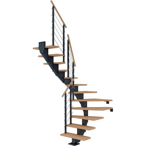 Dolle Mittelholmtreppe Hamburg 1/2 gewendelt Eiche weiß, geölt 75 cm breit für GH 240 – 279 cm UK Metall Anthrazit mit Geländer