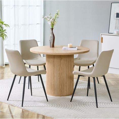 Conjunto de comedor MDF y metal negro con mesa redonda Ø100x76 cm y 4 sillas de PU gris cálido (1/5)