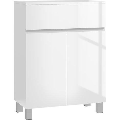 Freestanding Bathroom Cabinet, High Gloss Storage Cabinet with Doors and Adjustable Shelf, 60 x 30 x 80 cm, White