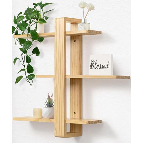 Étagère Murale Réglable 3 Niveaux en Bois Naturel Brut, 50 x 58 cm Étagère flottante en bois massif, tablettes amovibles, pour plantes et photos, salon, chambre, bureau et salle de bain (1/5)