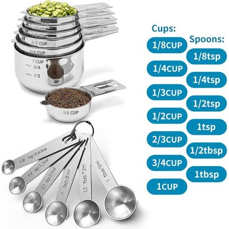 Set aus Messbechern und -löffeln, Edelstahlbecher und -löffel, Kaffeelöffel, Küchenhelfer zum Kochen und Backen (13) (1/4)