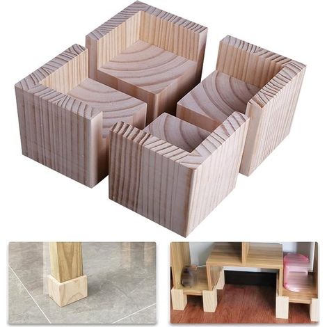 Elevadores de muebles de madera maciza VHV (4 piezas)，Elevadores de cama y escritorio de 5x5x10 cm，Aumento de altura de 10 cm (1/5)