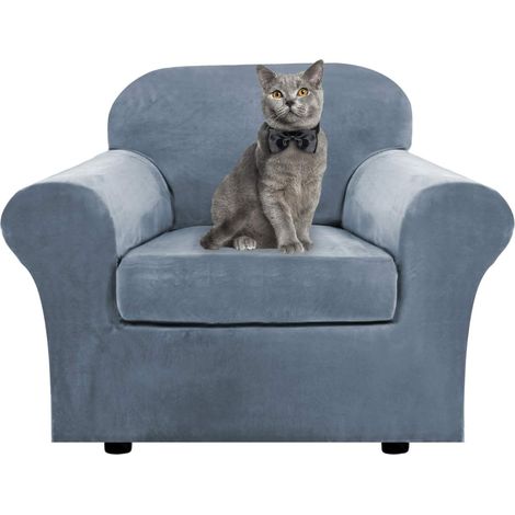 Soft and stretchy velvet sofa cover with separate cushion covers for 1, 2, 3 seater sofas with anti-slip strap for living room, bedroom (blue grey, 1 seater) (1/5)