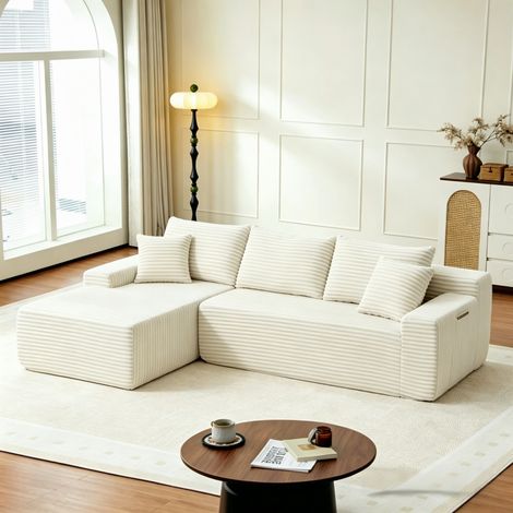 Sofá esquinero modular izquierdo de 239 cm en pana beige, sin montaje - CHICFURN (1/5)