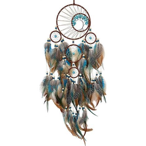 Attrape-rêves en plumes bleues et brunes – Longueur 62 cm – Décoration murale ethnique pour chambre – Cadeau original (1/5)