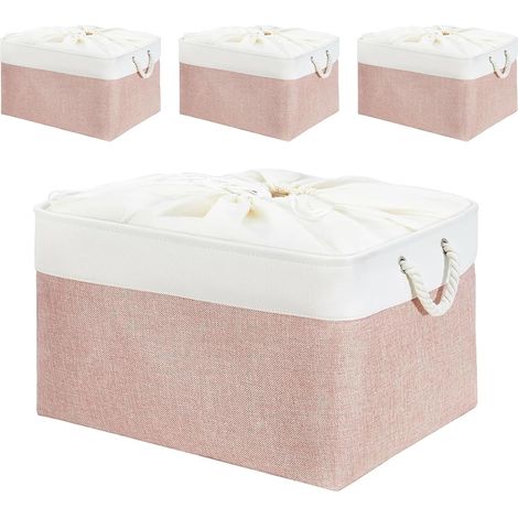 Lot de 4 boîte de rangement rectangulaire en tissu doux pour étagère, armoire, jouets et vêtements, 41 x 31 x 20 cm, rose et blanc
