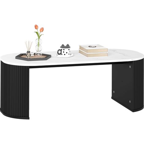Table basse ovale, table d'appoint aspect effet marbre, coins arrondis pieds épais, 110 x 50 x 40 cm, noir