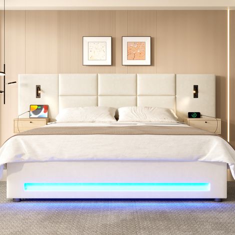 Lit coffre,lit double,lit adulte 180x200 avec tiroirs , veilleuse LED, ports USB-C, et cadre métallique robuste,Beige (1/5)