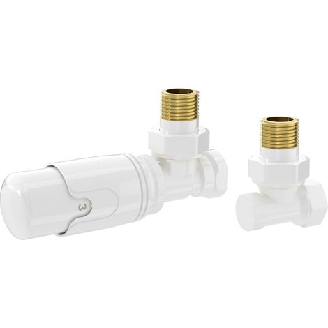 LuxeBath Thermostatventil + Rücklaufverschraubung für Heizkörper, Weiß, Heizkörperventil Komplett-Set, Thermostatkopf 1/2" Eckform, Heizungsventil mit Frostschutzstellung, Flüssigfühler Winkelventile