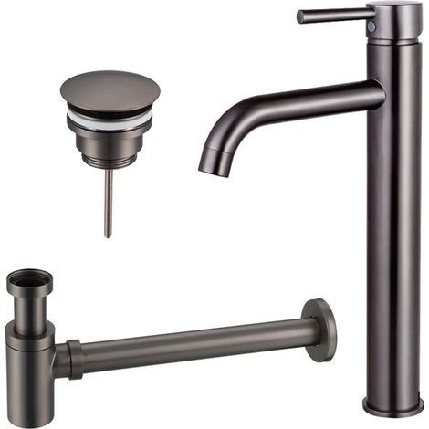 FugaFlow Eccelente Sobrado Kit mitigeur lavabo - robinet rehaussé - bonde non-obturable - siphon design bas - PVD Gunmetal (1/4)