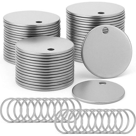 200 plaques d'identification vierges en métal pour chiens, destinées à la fabrication de porte-clés en acier inoxydable, gravées et perforées, de 1,2 pouce de diamètre. (1/5)
