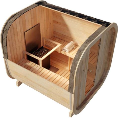 FinnTherm Fasssauna ScandiCube Comfort Fasssauna 2 Sitzbänke aus Holz, Sauna mit 42 mm Wandstärke, Außensauna mit Montagematerial Naturbelassen