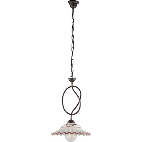Lampadario in ferro laccato nero e decorazione effetto ruggine con diffusore in ceramica diametro 30 bianco e marrone 1 luce (1/3)
