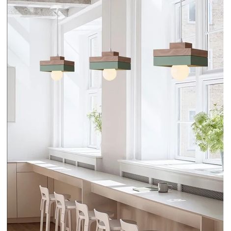 3x Lustre Suspension en Carre Bois,18cm Moderne Lampe de Plafond Vintage Industriel E27 Suspension Reglable pour Salon Chambre (1/5)