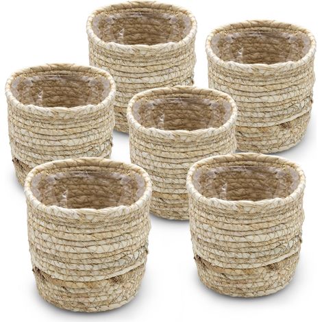 Mini Blumentopf aus Grasgeflecht 10 cm - 6er Set - Pflanzgefäß aus Naturfasern mit Folie - Zimmer Pflanzen Umtopf Stroh Körbchen Flechtkorb