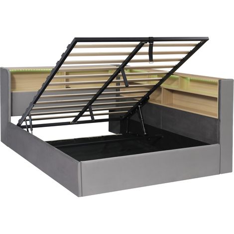 Cama sofá 140x200 cm con arcón hidráulico, terciopelo gris, LED, USB-C y respaldo (1/5)
