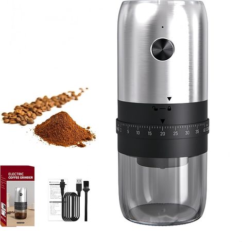 Elektrische Kaffeemühle, klein, elektrische Kaffeemühle mit Keramik-Mahlwerk, verstellbarer Mahlgrad (40 Einstellungen), 25 g Bohnenbehälter, leise Ein-Knopf-Bedienung (Silber)