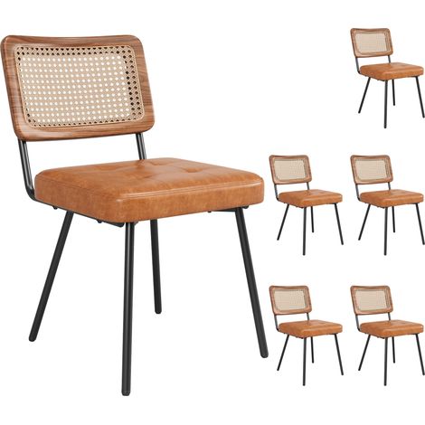 Chaise de salle à manger en simili cuir avec dossier en PE rotin, pieds en métal réglables, lot de 6 (1/5)