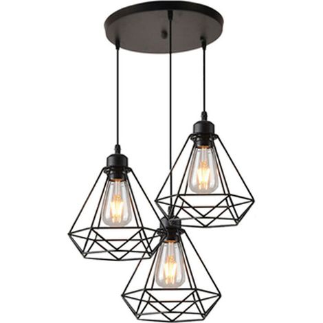 – Lustre suspension 3 lumières en métal E27 20,5cm noir – Design industriel – Abat-jour 20x23cm – Longueur câble 100cm réglable (1/5)