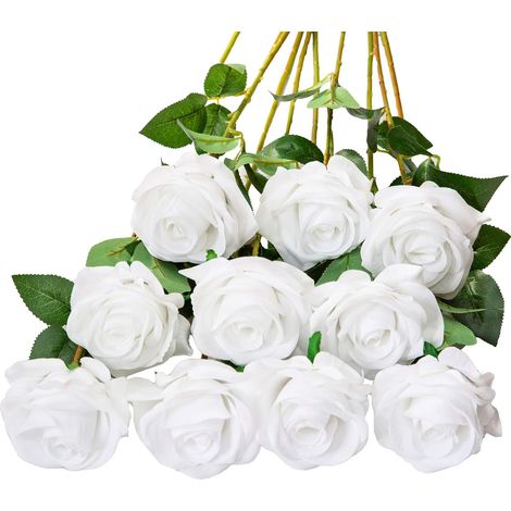 Lot de 10 Roses artificielles en Soie pour Arrangement de Mariage, fête, décoration de la Maison(Blanc Pur) (1/5)