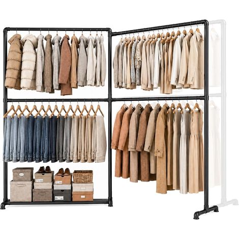 Portant à vêtements robuste avec quatre tringles à vêtements, peu encombrant, bras latéraux pliables à 360° et étagère inférieure, charge maximale : 150 kg (Noir) (1/5)