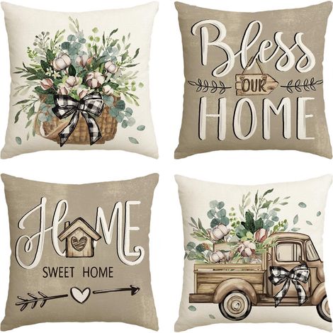 Housses de coussin style ferme « Bless Our Home » — 18 x 18 pouces (Lot de 4) (1/5)