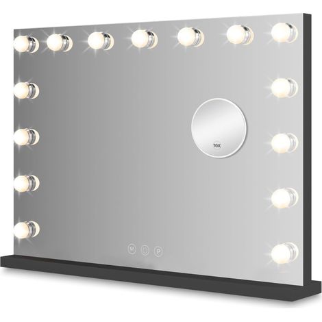 Miroir Maquillage Hollywood Lumineux 58x46 cm, 18 LED dimmables, Noir Hollywood Miroir cosmétique 3 couleurs de lumière, commande tactile, pied et montage mural, miroir supplémentaire 10 fois (1/5)
