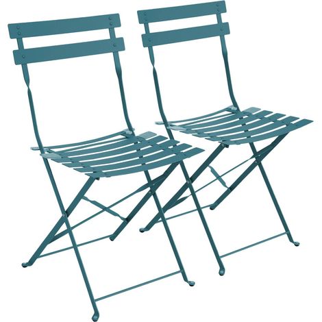 Set of 2 folding bistro garden chairs in powder-coated steel, Emilia, duck blue, 49.5 x 41 x 80.5cm