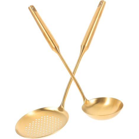 Lot 2 cuillères soupe inox doré manche long, épaisses pour soupe et aliments quotidiens