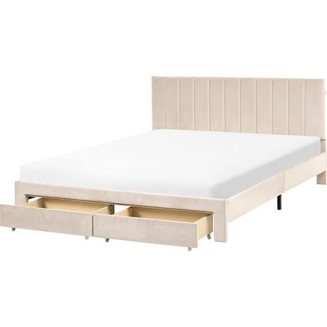 Cama moderna con cajones cabecero tapizado en terciopelo y somier de láminas beige 160 x 200 cm Lonzac (1/5)