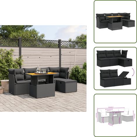 Salon de jardin 6 pcs avec coussins noir résine tressée - Ensemble Salon De Jardin - Mobilier Extérieur - Résine Tressée - Rotin Synthétique - Table Extensible (1/5)