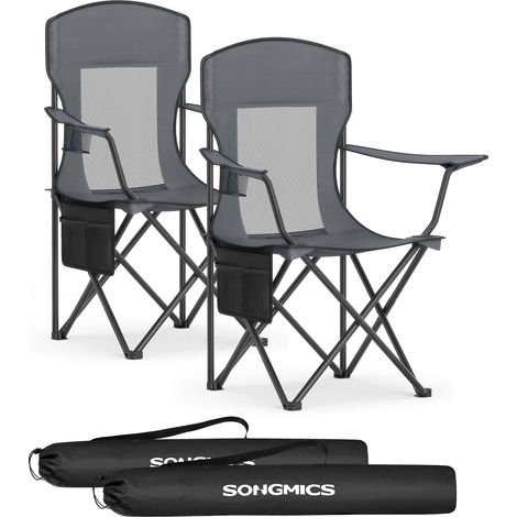 Lot de 2 Chaises de Camping, Chaises Pliantes, Chaises de Pêche, Dossier Haut, Accoudoirs Réglables, Porte-Gobelet, Supporter jusqu’à 150 kg, pour Camping, Jardin, Gris Ardoise (1/5)