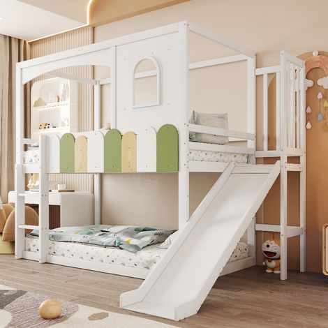 Etagenbett Kinderbett 90x200 cm mit Rutsche und Sicherheitsleiter, Hausbett aus Holz mit buntem Geländer und offenem Spielbereich, Weiß (1/5)