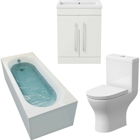 Gloss White Bathroom Suite 1700mm Straight Bath Screen Basin Toilet Vanity Unit (1/5)