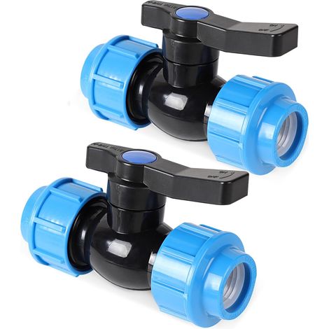 Lot de 2 robinets à boisseau sphérique pour tuyau en polyéthylène de 25 mm - Raccord de tuyau en polypropylène - Valve d'arrêt pour tuyau en polyéthylène