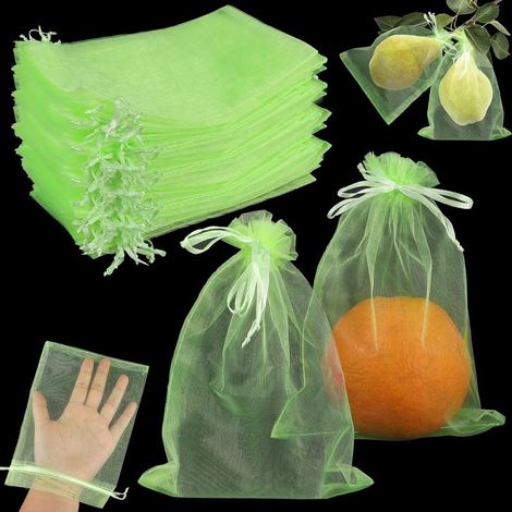 Sacs de protection pour fruits et plantes 20 × 30 cm, lot de 10, verts, avec cordon de serrage, réutilisables et respirants, contre les oiseaux et insectes (1/4)