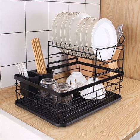 Escurridor de platos de acero inoxidable de doble capa con soporte para cubiertos, dimensiones: 43 x 32 x 27 cm. (1/5)