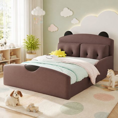 Cama plataforma 140x200 en lino, cabecero de oso, café, DESVIAE (1/5)
