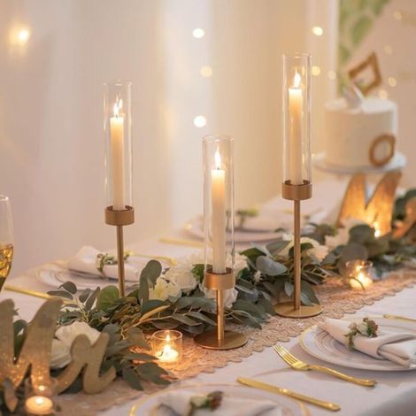 Bougeoir cylindrique en verre pour table : bougeoir en verre à base haute, support en métal pour table de Noël, mariage, salle à manger, décoration de fête à la maison, lot de 3 (1/2)