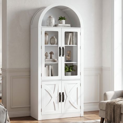 Parrot Uncle Display Cabinet with Storage, 177cm Tall Farmhouse Cabinet with Glass Doors, Arched White Storage Cabinet for Living Room