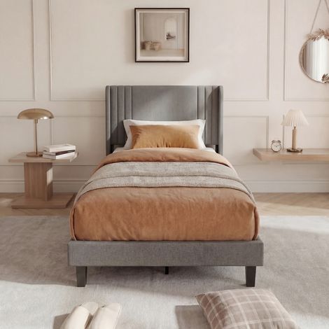 Lit simple 90x200 cm, lit 90x200 avec sommier, Tête de lit capitonné en lin gris, Convient aux adultes et aux adolescents, Capacité 360 kg, sans matelas (1/5)