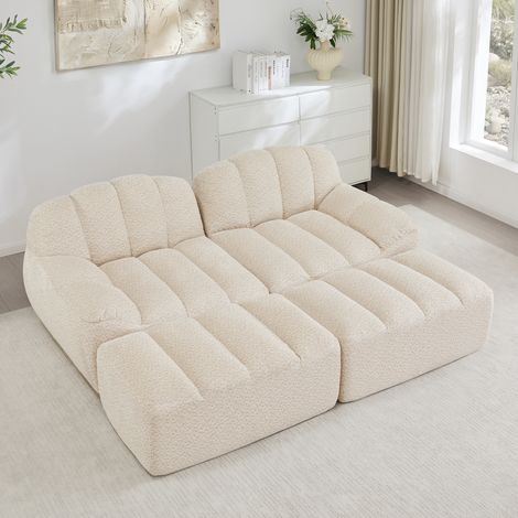 FloraGrace canapé modulaire 2 places, sans cadre, avec 2 ottomans, tissu polaire texturé, beige blanc (1/5)
