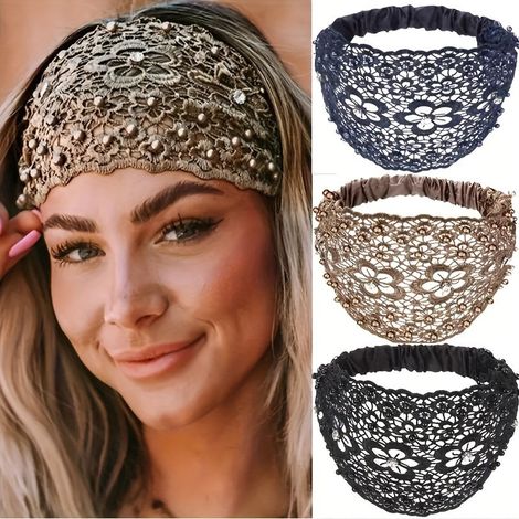 4 diademas de encaje para mujer, diademas elásticas anchas de encaje floral con perlas, accesorios para el cabello de moda femenina (1/5)
