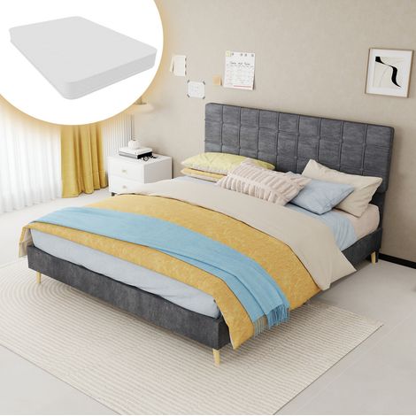 Bettgestell 160x200 cm Grau aus Stoff und Metall mit Matratze, Karokopfteil und Holzfüßen (1/5)