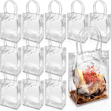 Lot de 12 sacs cadeaux en PVC transparent avec poignées, 13 x 16 x 7 cm, réutilisables, pour cadeaux, mariages, anniversaires, fêtes, Halloween, boutiques et friandises (1/5)
