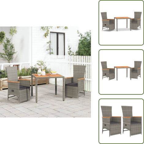3-tlg. Garten-Essgruppe mit Kissen Grau Poly Rattan - Gartenmöbel - Essgruppe - Outdoor Möbel - Rattan Sessel - Lounge Set (1/5)