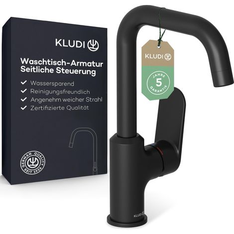 Robinet de lavabo pivotant à 360°, hauteur du bec 205 mm, robinet de salle de bain économiseur d'eau noir mat taille L, cartouche en céramique, mitigeur lavabo avec tuyaux de raccordement
