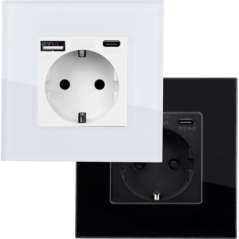 Enchufe con USB Schuko Tipo F con Marco Cristal Modern Negro