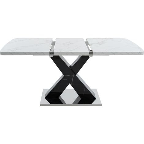 Tavolo da pranzo rettangolare allungabile 120-160 cm bianco marmo effetto MDF e acciaio nero (1/5)